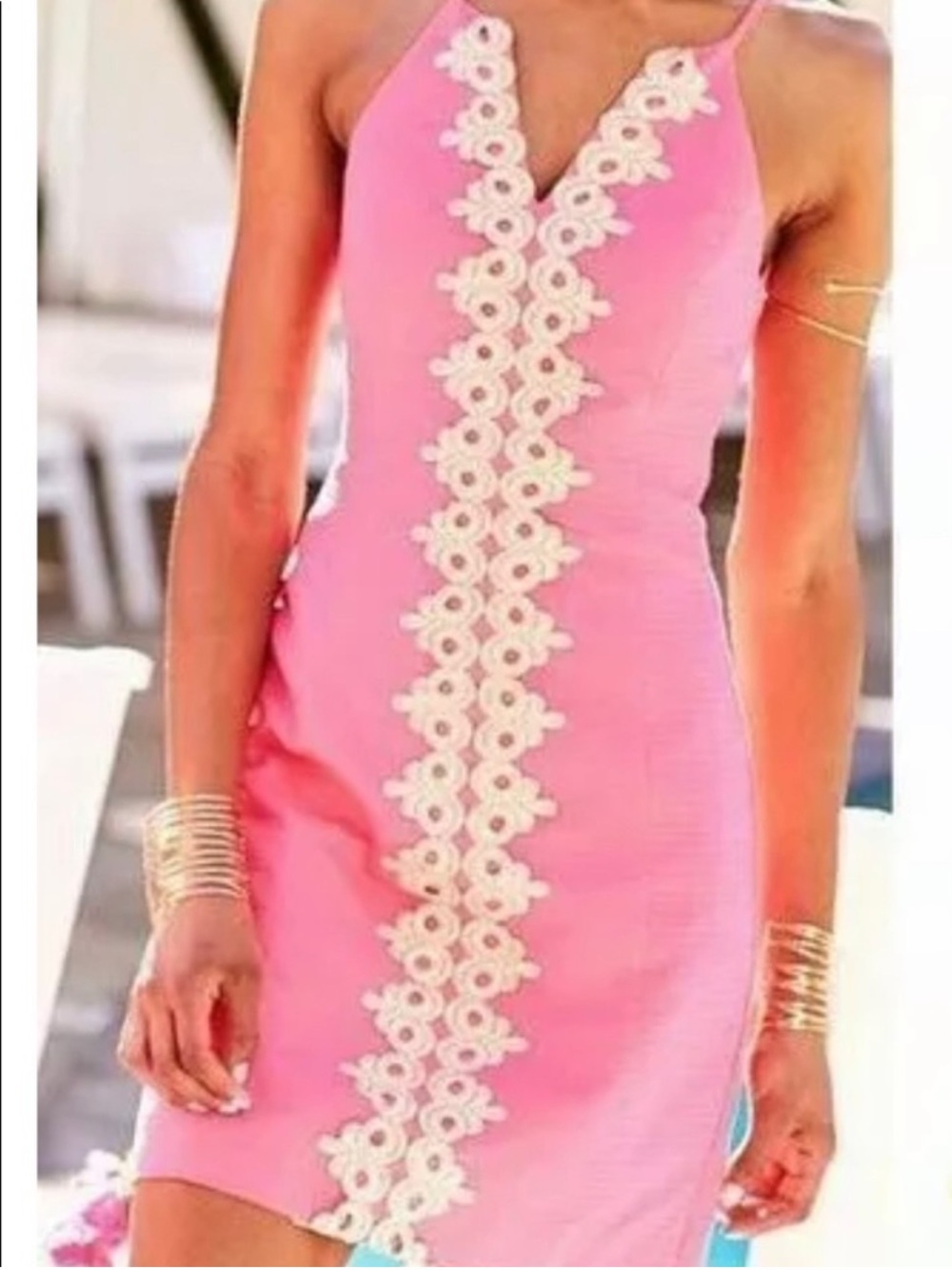 Lilly Pulitzer Bungalow Pink Pearl Shift Dress Racerback Gold Lace Size 00